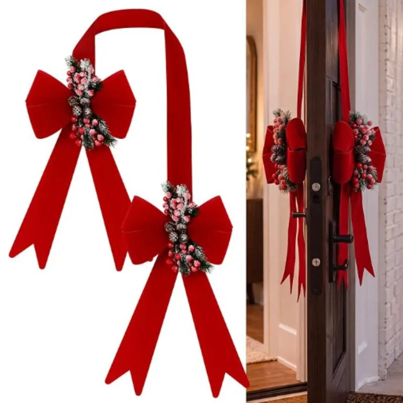 Christmas Door Bow Scapulars Decorations with Pine Branches and Red Berry Xmas New Years Christmas Pendant Outdoor Decoration