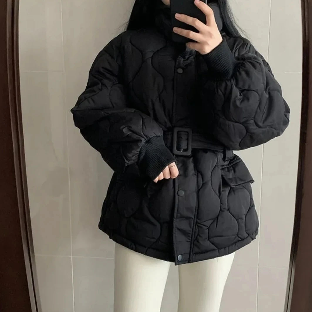 Women Winter Warm Thick Cotton Coat 2025 New Women With Belt Stand Collar Cotton Padded Jacket Korean Loose Women Parka Outwear