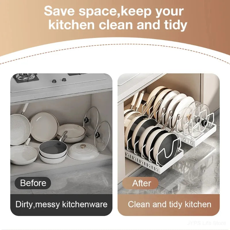 Pull‑out Sliding Kitchen Storage Rack Multifunctional Drawer Organizer for Pan Lids Spices Bowls Plates Cookware Storage