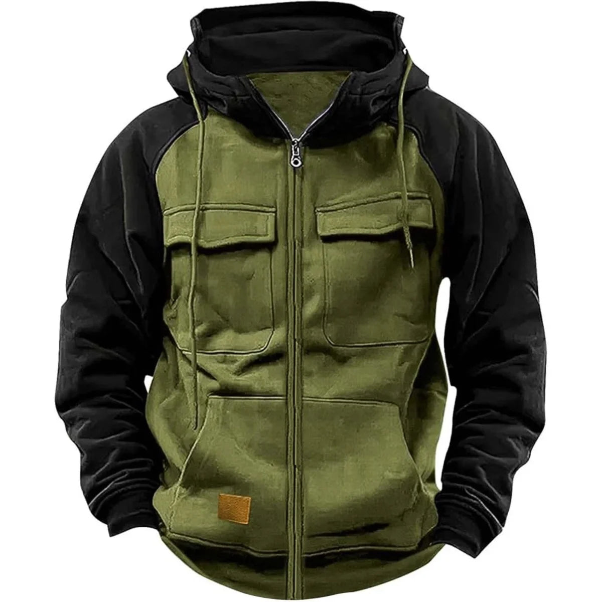 Model Retro Workwear Hooded Sweatshirt, Men's Zipper solid-color Warm Sports Shirt With Multiple Pockets Hooded Jacket