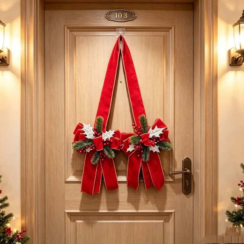 Christmas Door Bow Scapulars Decorations with Pine Branches and Red Berry Xmas New Years Christmas Pendant Outdoor Decoration