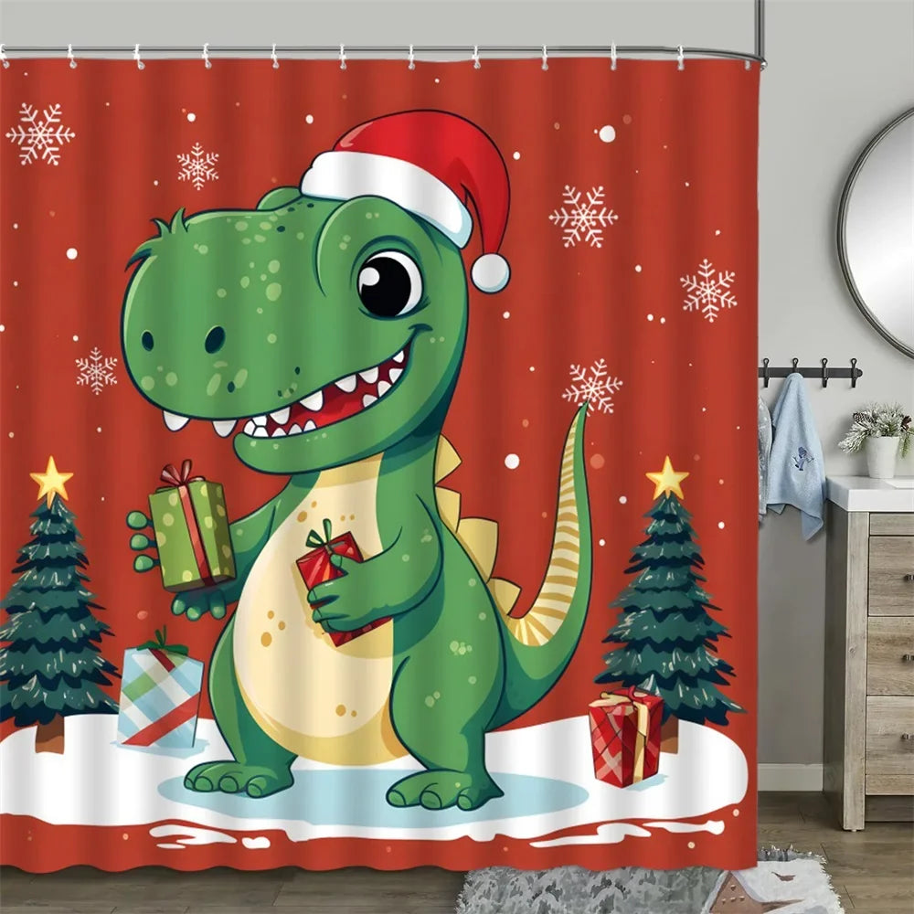 Christmas Shower Curtain, Winter Snowman Farm Christmas Tree Snowflake Santa Claus Dinosaur Farmhouse Truck Bathroom Decor