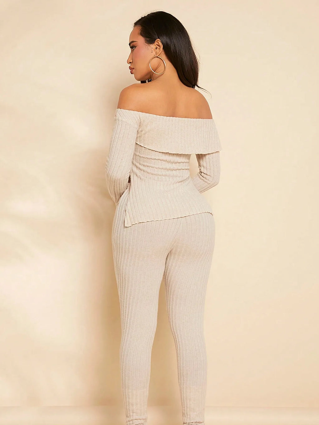 Women 2 Piece Ribbed Outfit, Off Shoulder Fold‑Over Long Sleeve Top & High Waist Skinny Pants Set, Casual Knit Matching Loungewe
