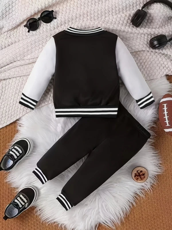 "Boys' Baseball Jacket Set | Black & White 'B' Embroidery - Varsity Jacket & Jogger Pants Two-Piece"