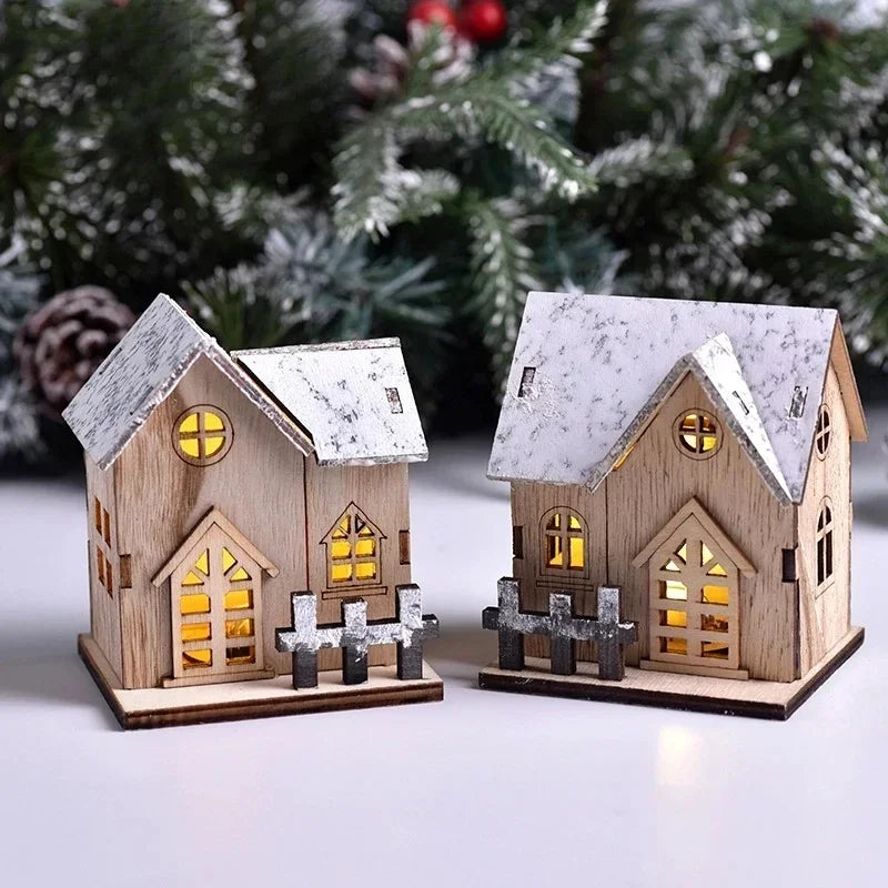 Christmas LED Wooden House Ornament Luminous Cabin Decoration For Home Tabletop Xmas Tree DIY Decor Kids Gift New Year