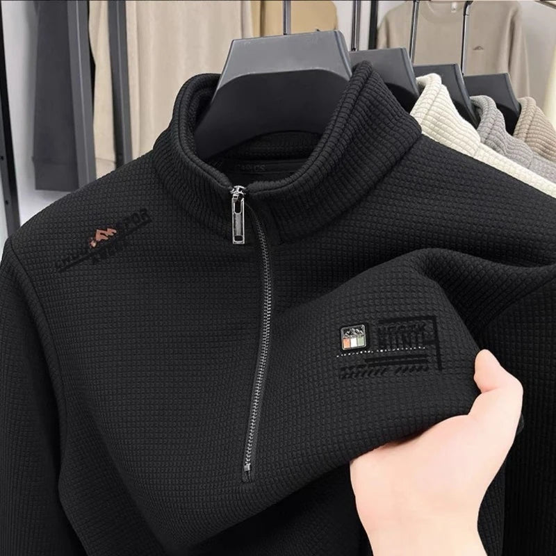 Men's Fleece Liner Sweatshirts Vintage Half Zipper Print Plaid Texture Thick Wool Warm Pullover Luxury Turtleneck Sweatshirts