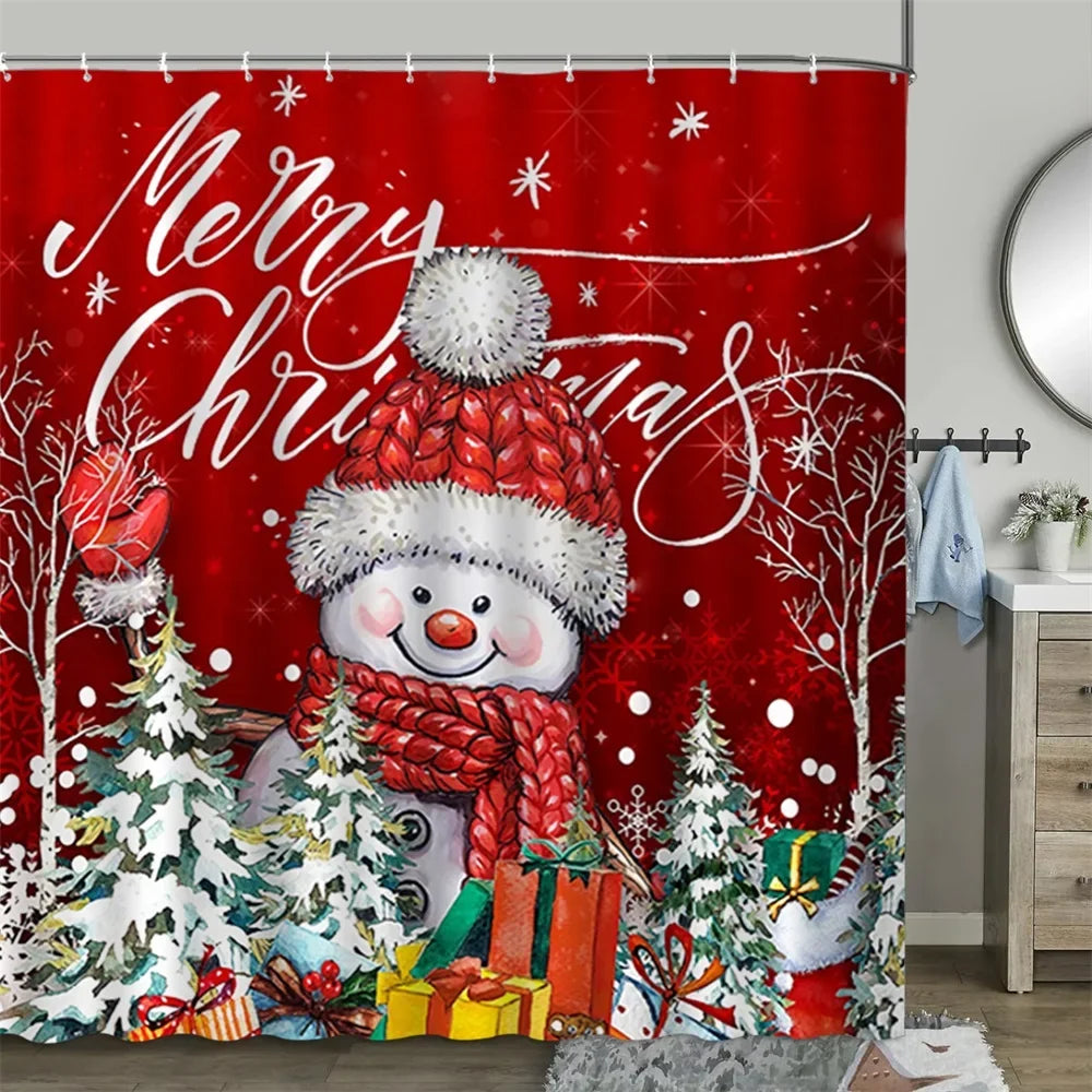 Christmas Shower Curtain, Winter Snowman Farm Christmas Tree Snowflake Santa Claus Dinosaur Farmhouse Truck Bathroom Decor