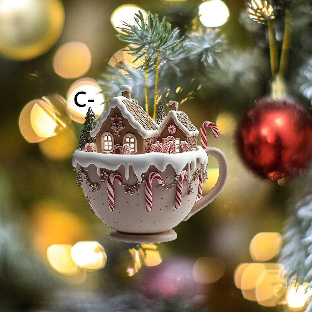 Christmas Tree Decorations 2D Acrylic Flat Cottage Warm Little Coffee Cup Hanging Pendant Ornaments New Year Home Party Decor