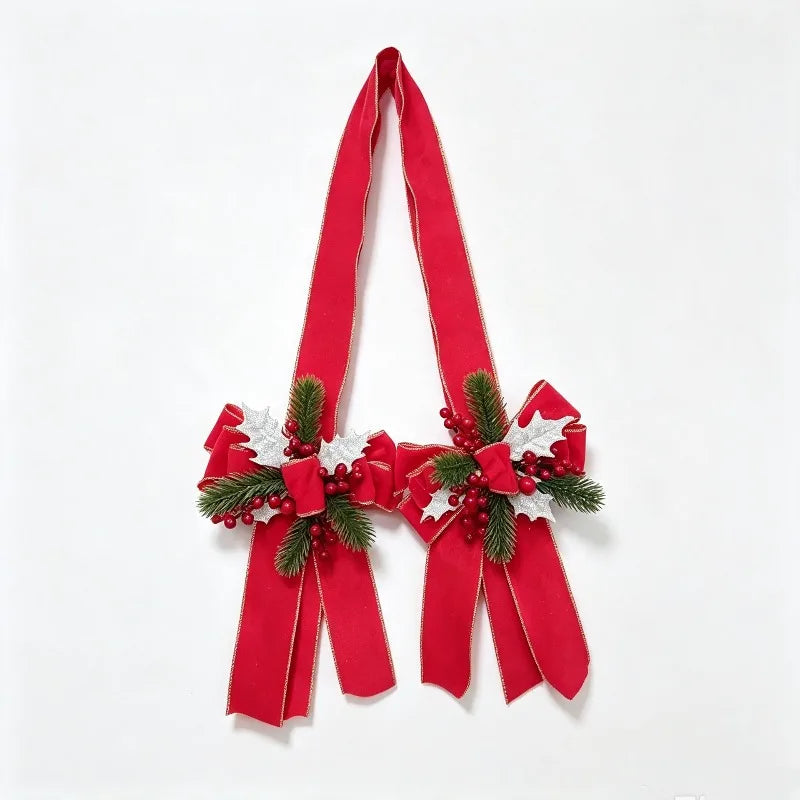 Christmas Door Bow Scapulars Decorations with Pine Branches and Red Berry Xmas New Years Christmas Pendant Outdoor Decoration