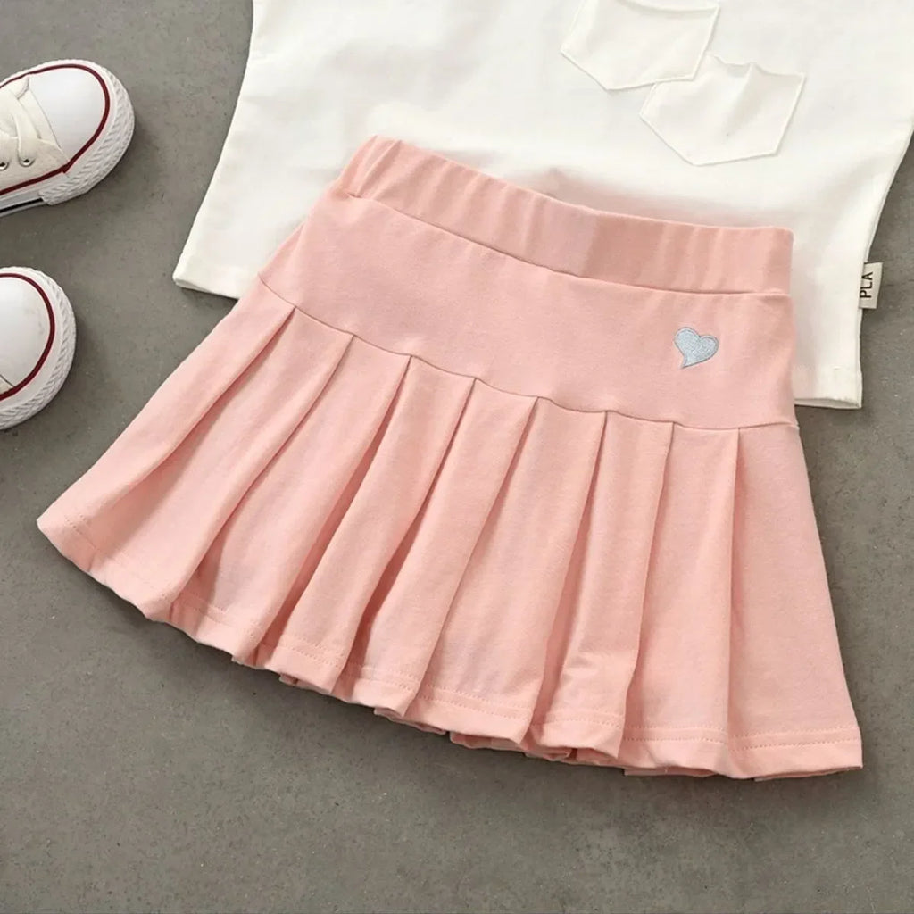 JK Skirt Shorts Children Miniskirt Summer Girls Candy Color Embroidered Heart Design  Simple Pleated Skirt Safety Pants Design