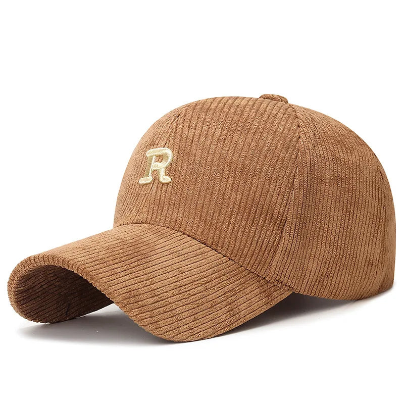 Fall and Winter Accessory Corduroy Baseball Cap with 3D Embroidered 'R' Letter Solid Color Adjustable Structured Hat