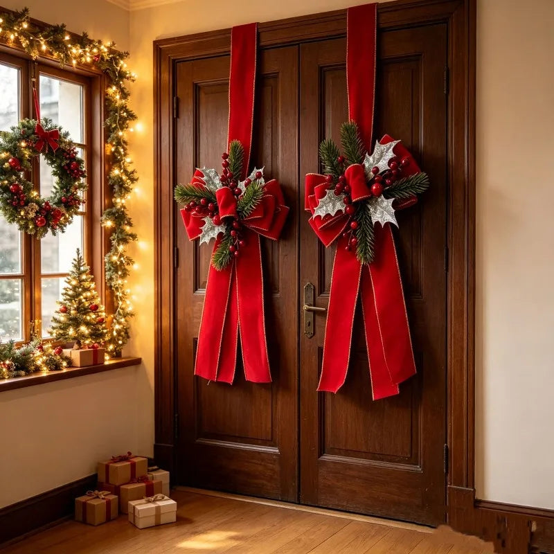Christmas Door Bow Scapulars Decorations with Pine Branches and Red Berry Xmas New Years Christmas Pendant Outdoor Decoration