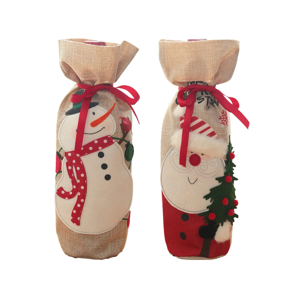 2pcs Christmas Wine Bottle Gift Bags Burlap Reusable Fabric Drawstring with Blank Labels & Rope Ideal for Christmas Gifting D