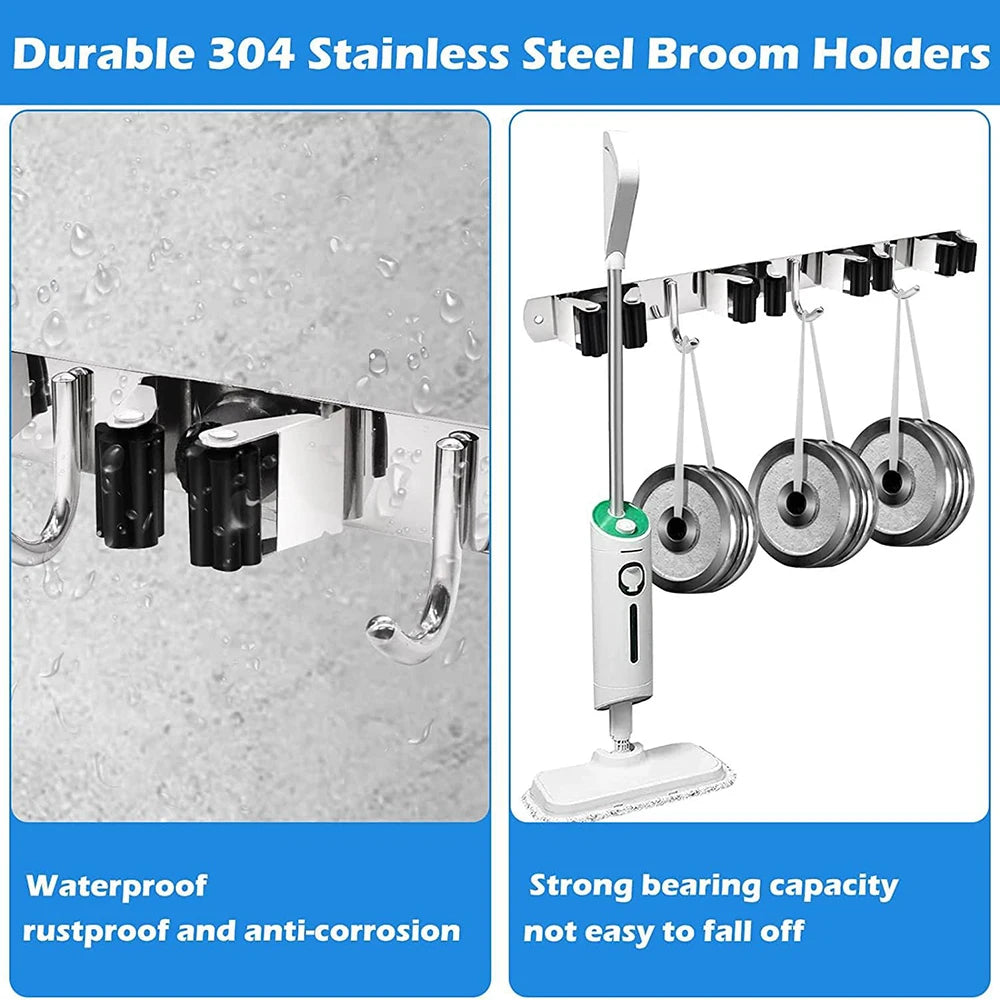 Stainless Steel Mop and Broom Holder Wall Mounted Multi-Functional Bathroom Kitchen Storage Rack Garage Garden Tools Organizer