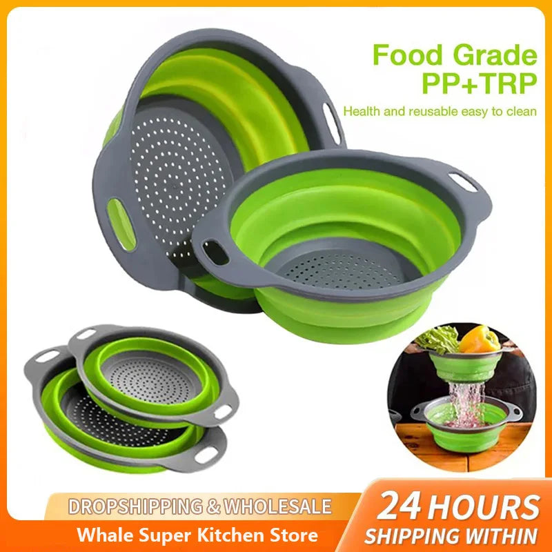 Silicone Folding Drain Basket Fruit Vegetable Washing Basket Foldable Strainer Colander Collapsible Drainer Kitchen Storage Tool