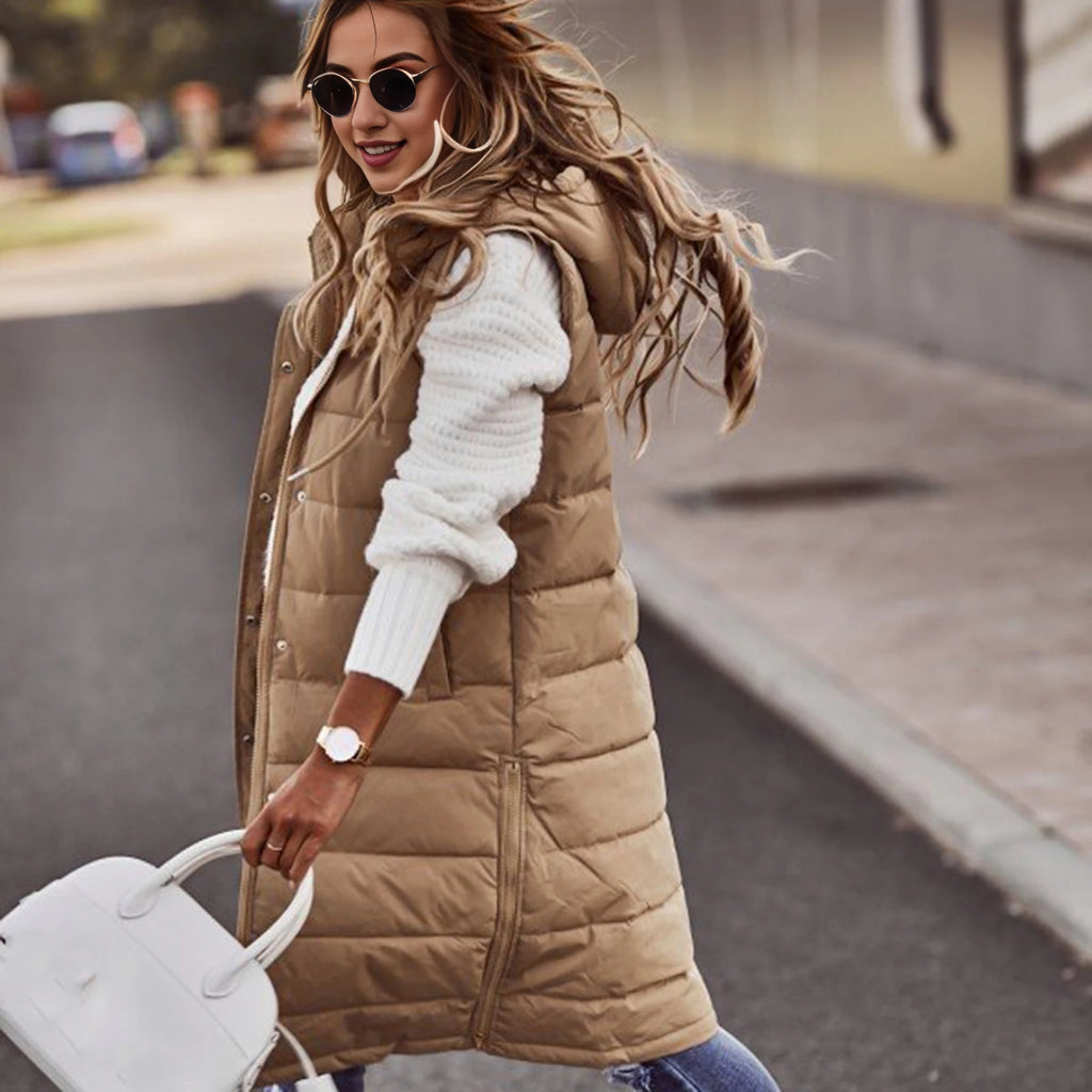 Women's Long Coat Vest With Hood Autumn Winter Sleeveless Warm Cotton Down Coat Waistcoat Quilted Vest Down Jacket Outwear 2XL