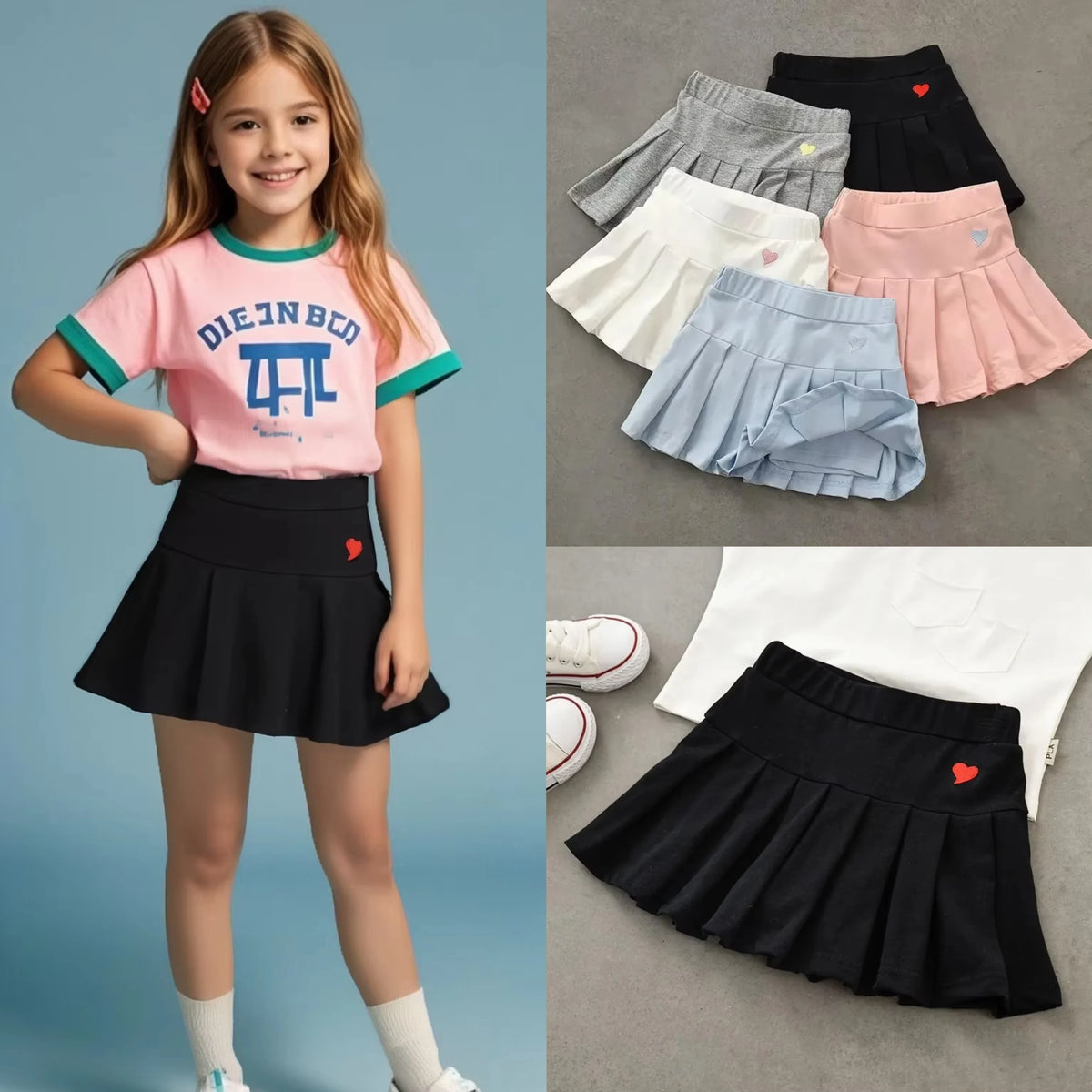 JK Skirt Shorts Children Miniskirt Summer Girls Candy Color Embroidered Heart Design  Simple Pleated Skirt Safety Pants Design