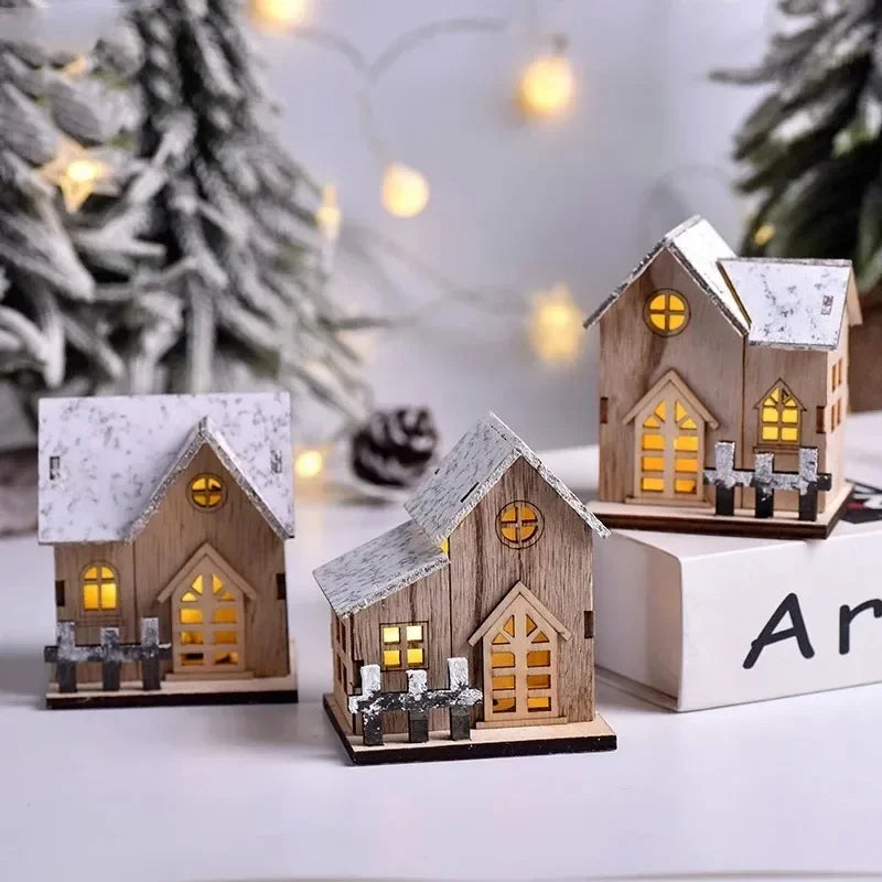 Christmas LED Wooden House Ornament Luminous Cabin Decoration For Home Tabletop Xmas Tree DIY Decor Kids Gift New Year