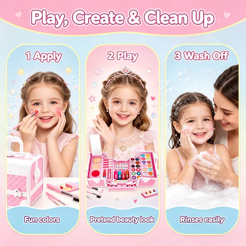 Princess Kids Makeup Kit for Girls, Washable Pretend Cosmetic Toy Set with Mirror & Storage Suitcase, Non-Toxic Beauty Play Makeup Case, Birthday Christmas Gift for Little Girls