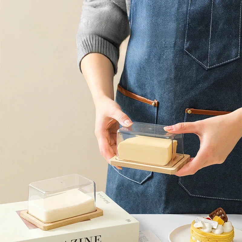 Nordic Countertop Bamboo Butter Dish Plate with Transparent Acrylic Lid Kitchen Storage Butter Container Box Butter Tableware