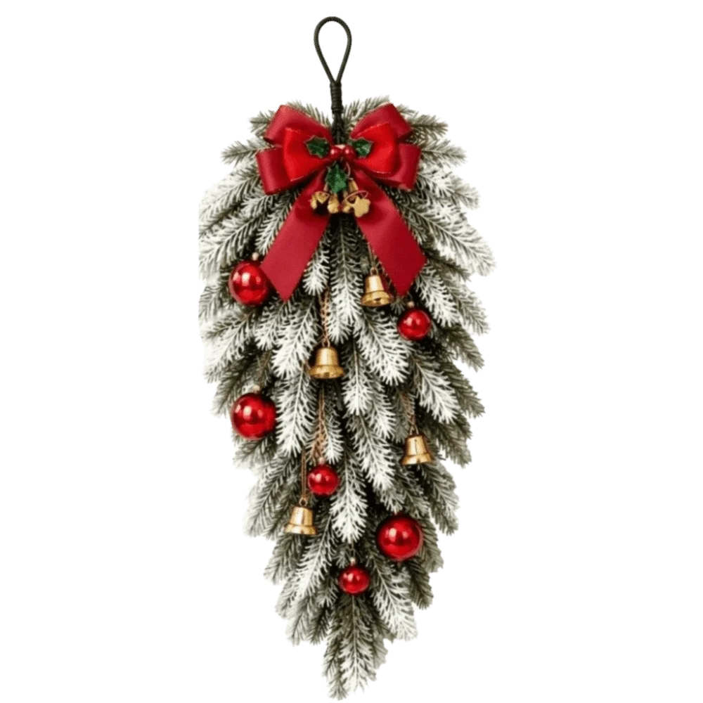Artificial Christmas Decor Set Plastic Red Bow Norfolk Pine Garland Red Ball Ornaments Golden Ring Bell Holiday Wreath Set