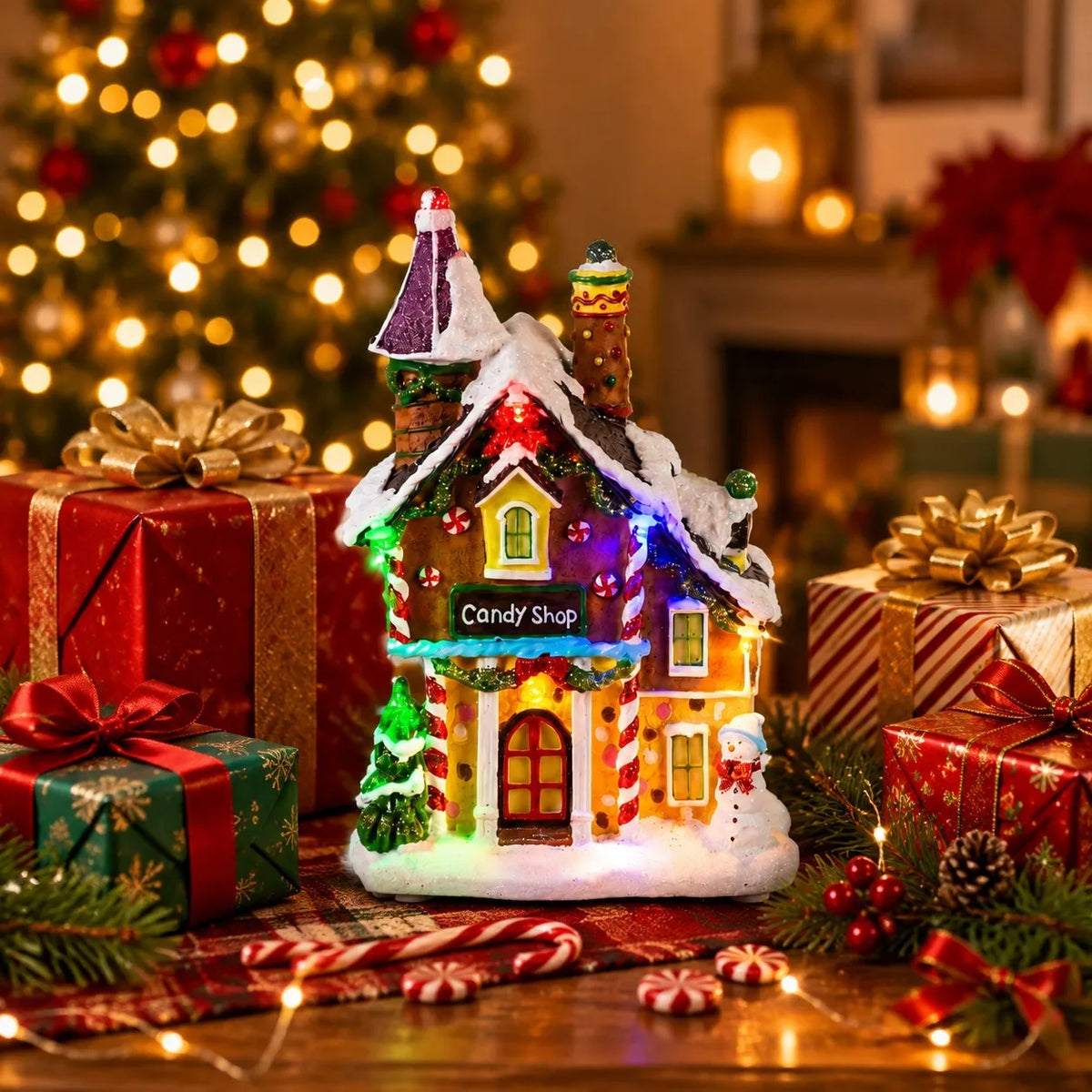 Christmas Candy Gingerbread House Decor - Collection Building with LED Light Up Decorative Home Fireplace Tabletop Decoration