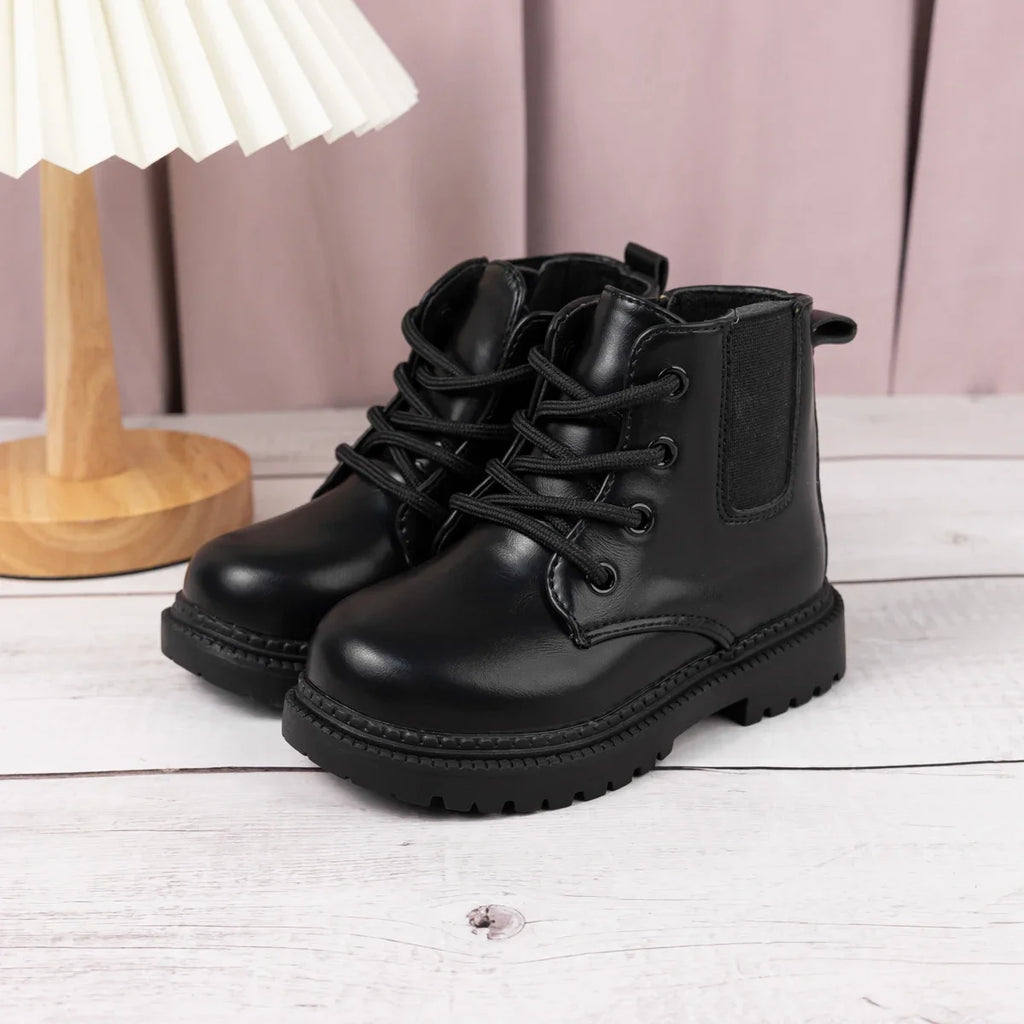 Autumn and Winter Children's Shoes Waterproof PU Leather Children's Boots Fashion Toddler Lace-up Zip High Boots Boys Girls