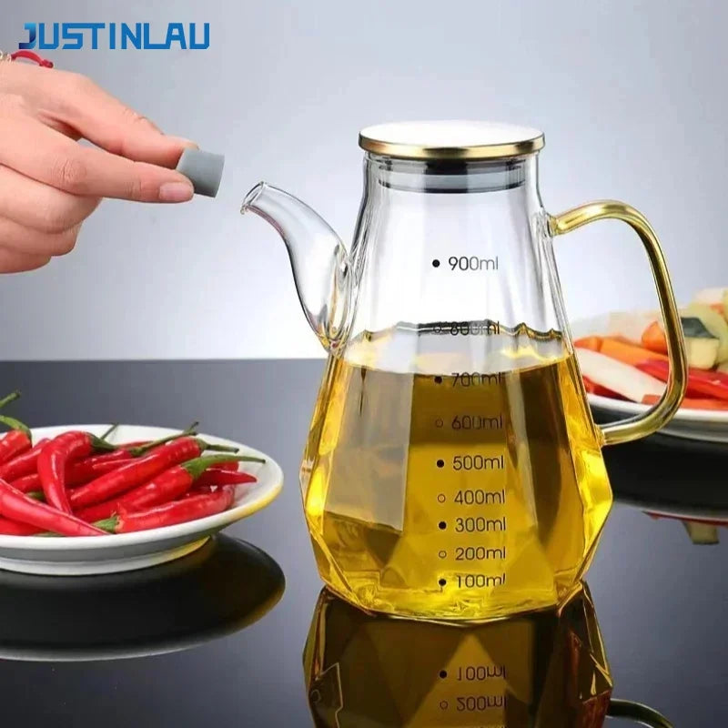 JUSTINLAU Glass Oil Pots 500/700/900ml Leak Proof Diamond Oil Bottle with Scale/Lid Sauce Vinegar Condiment Storage Container