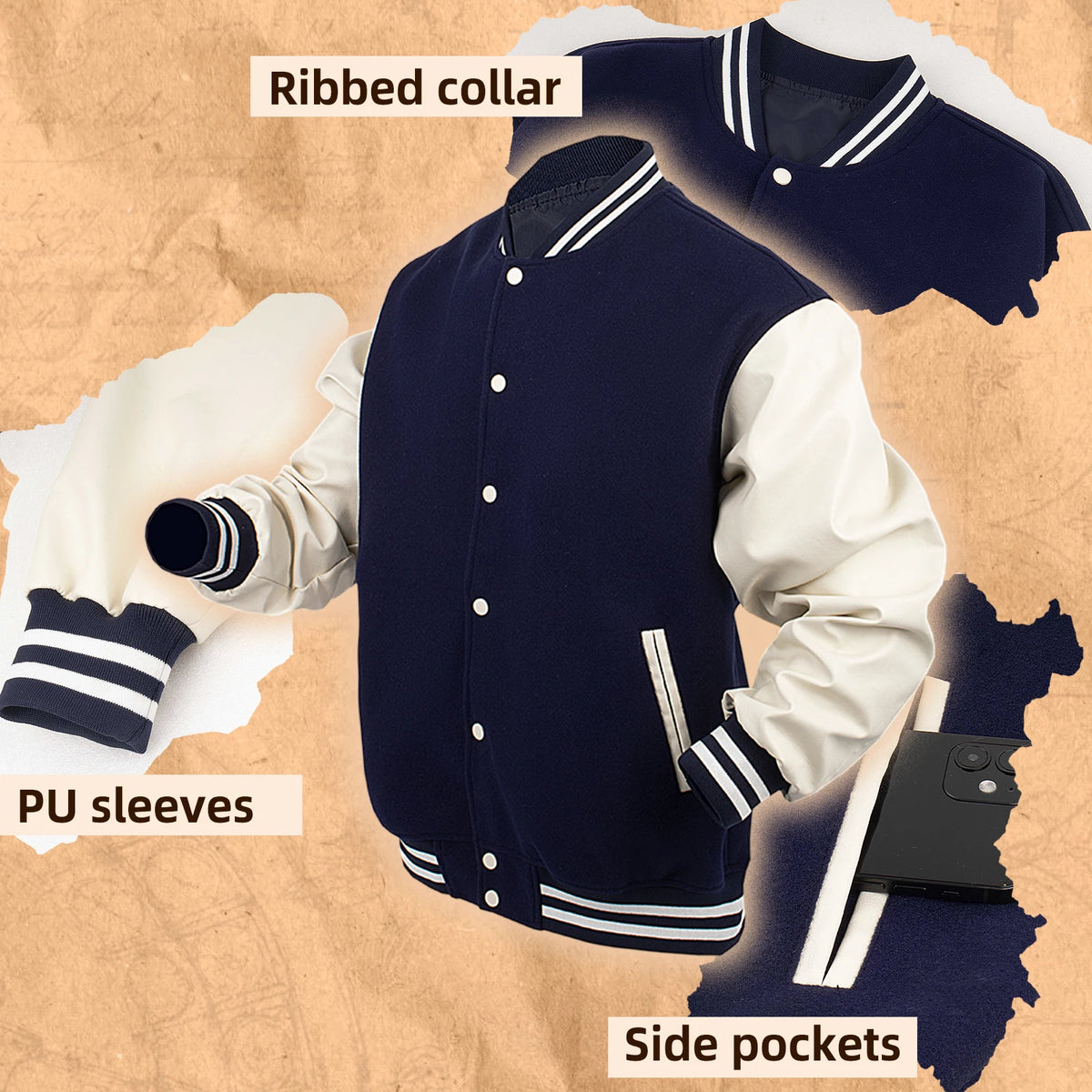 Mens Classic Varsity Jacket Vintage Letterman Style Baseball Coat Multiple Colors Available Streetwear with Faux Leather Sleeves