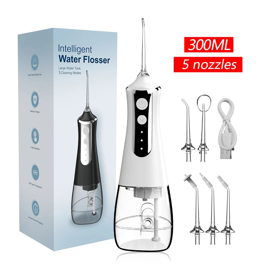 USB Rechargeable Water Flosser 300ml Portable 5 Nozzles 3 Modes Dental Irrigator Dental Odontología Kit Ferramentas