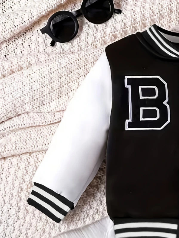 "Boys' Baseball Jacket Set | Black & White 'B' Embroidery - Varsity Jacket & Jogger Pants Two-Piece"