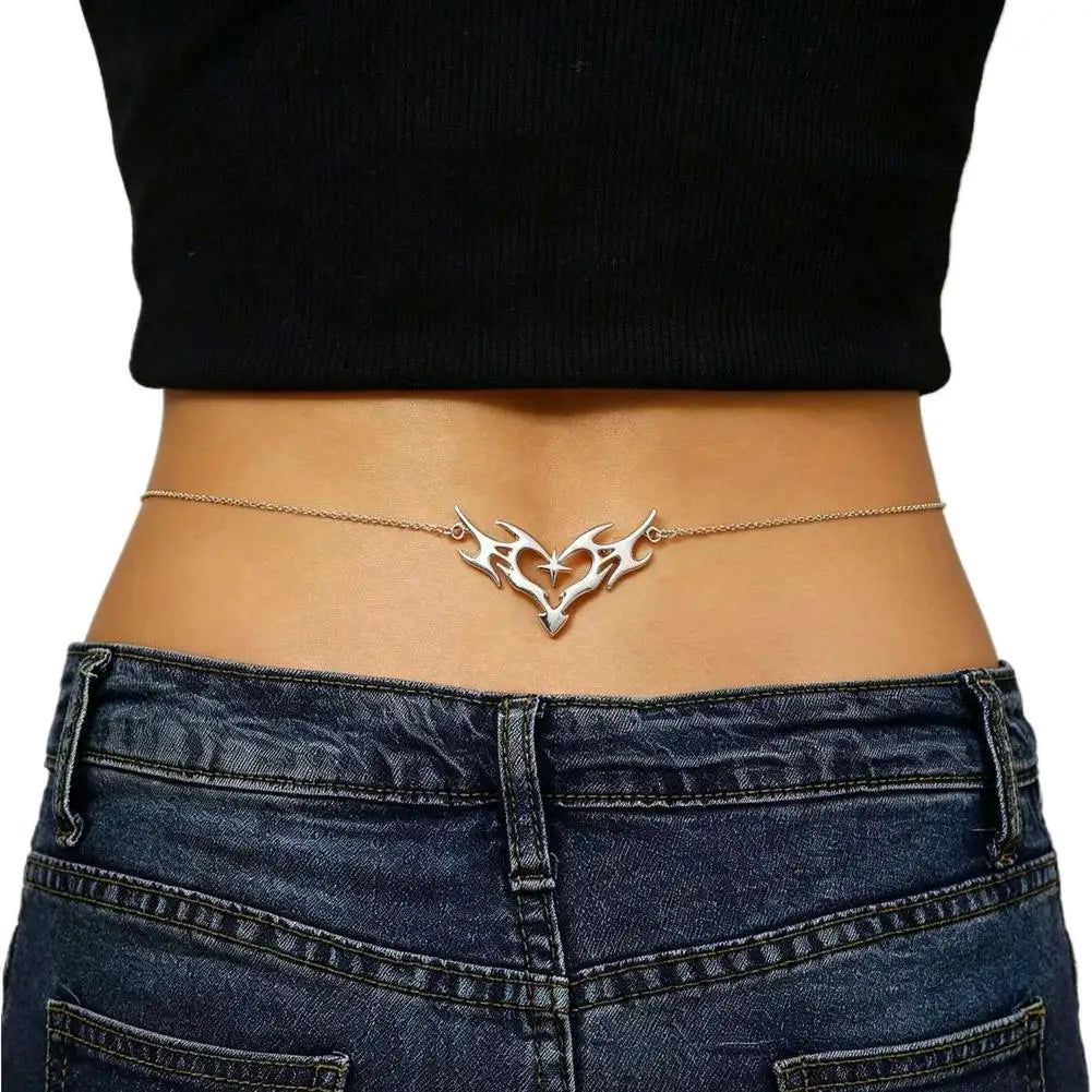 Gothic Heart Flame Waist Chain Sexy Punk Metal  Waist Belly Belt Chain Y2K Body Chain for  Beach Bikini Party Outfit Jewelry