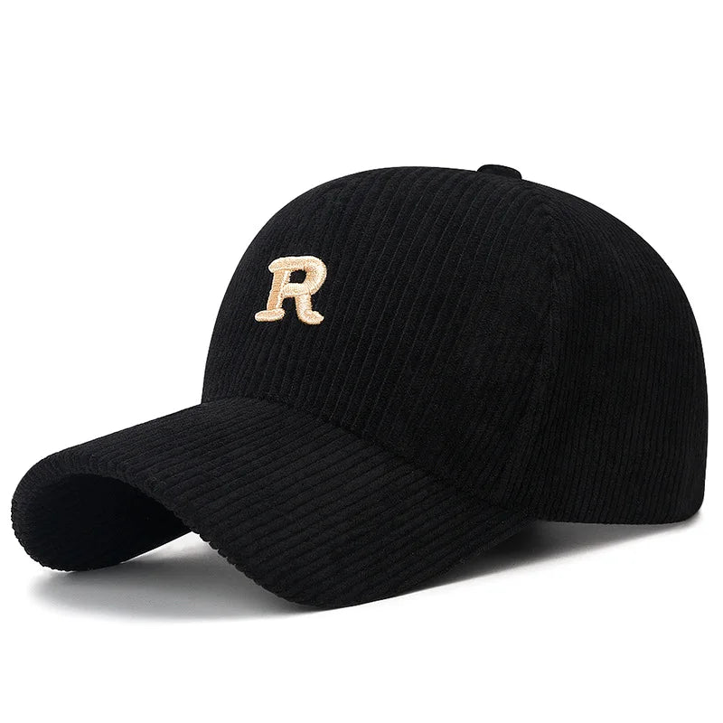 Fall and Winter Accessory Corduroy Baseball Cap with 3D Embroidered 'R' Letter Solid Color Adjustable Structured Hat