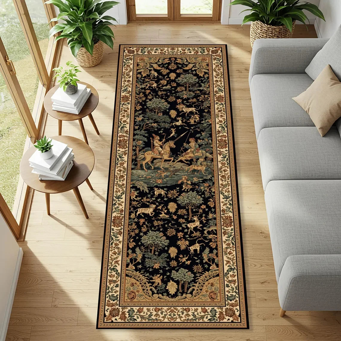 Medieval Dragon Phoenix and Knight Runner Rug Fantasy Entryway Carpet for Gothic Hallways, Bedroom Bedside Extended Floor Mat