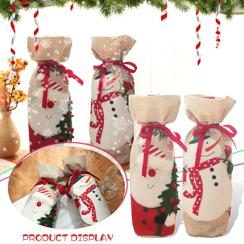 2pcs Christmas Wine Bottle Gift Bags Burlap Reusable Fabric Drawstring with Blank Labels & Rope Ideal for Christmas Gifting D