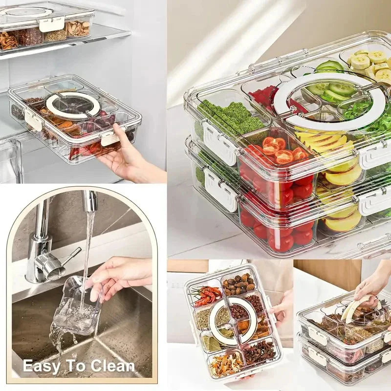 8-Grid Divided Plate with Lid Food Storage Box Snack Box Fruit Storage Container Candy Fruits Nuts Clear Refrigerator Organizer