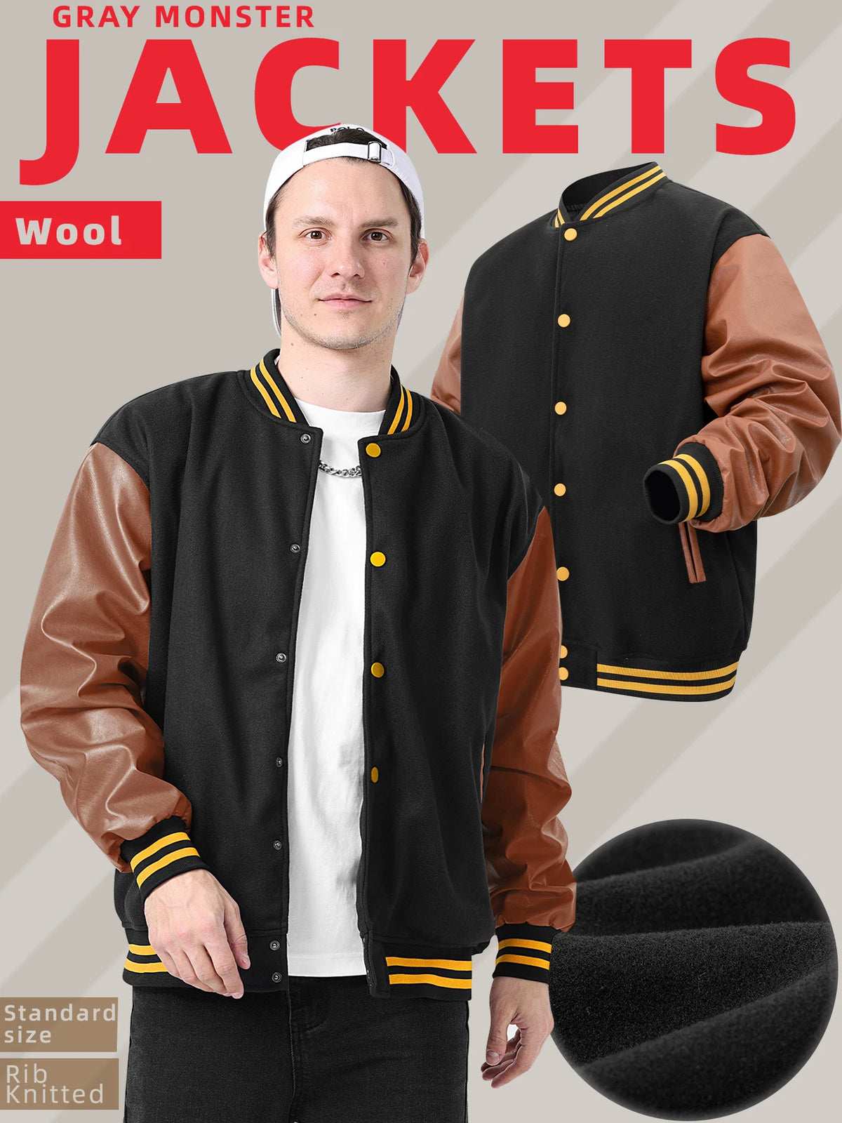 Mens Classic Varsity Jacket Vintage Letterman Style Baseball Coat Multiple Colors Available Streetwear with Faux Leather Sleeves