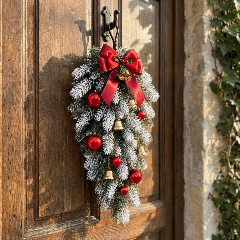 Artificial Christmas Decor Set Plastic Red Bow Norfolk Pine Garland Red Ball Ornaments Golden Ring Bell Holiday Wreath Set