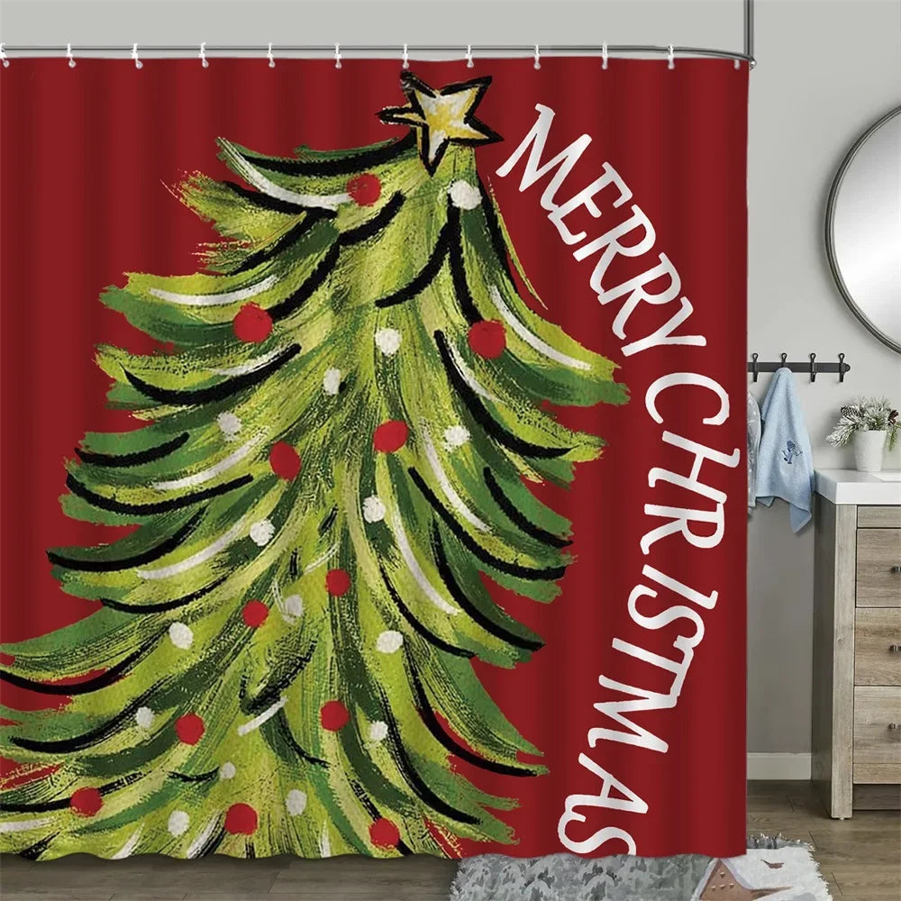 Christmas Shower Curtain, Winter Snowman Farm Christmas Tree Snowflake Santa Claus Dinosaur Farmhouse Truck Bathroom Decor