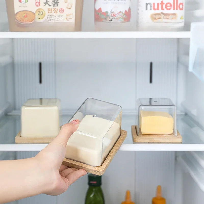 Nordic Countertop Bamboo Butter Dish Plate with Transparent Acrylic Lid Kitchen Storage Butter Container Box Butter Tableware