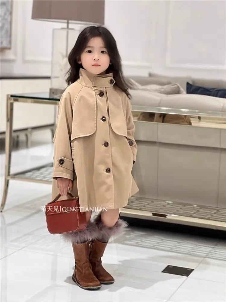 Girls' British Style Lapel Trench Coat 2026 Spring/Autumn New Versatile Children's Mid Length Single Breasted Jacket