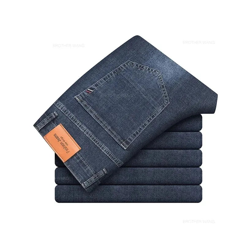 Summer Elastic Men's Jeans Fashion Gray Comfortable Business Straight Stretch Cotton Casual Denim Pants Brand Male Thin Trousers