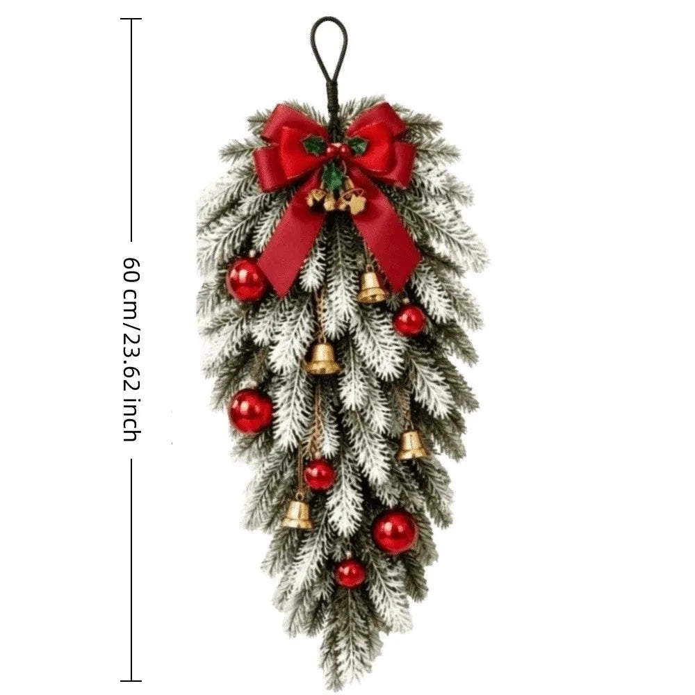 Artificial Christmas Decor Set Plastic Red Bow Norfolk Pine Garland Red Ball Ornaments Golden Ring Bell Holiday Wreath Set