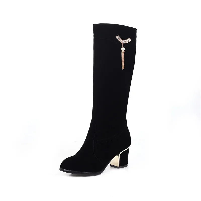Autumn Winter Knee High Boots Women Black Red Flock Women's High Boots Luxury Casual Low Heels Fashion Long Party Shoes Female