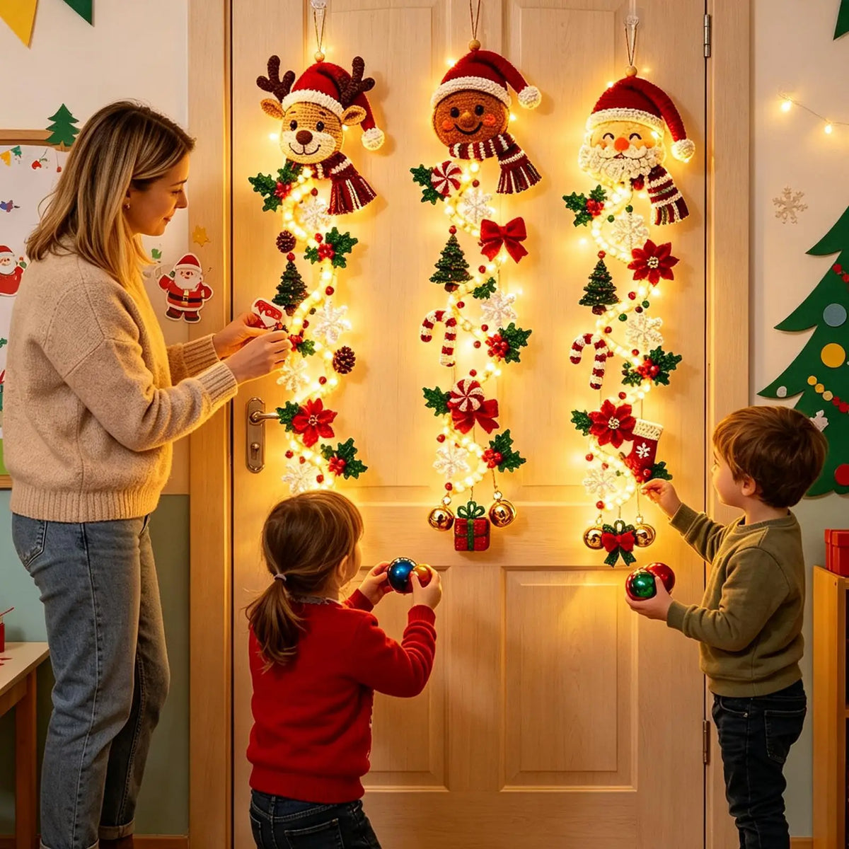 Glowing Christmas Door Decor Hangable Seasonal Accent Quilted Swag Christmas Lighted Door Decoration for Home Farmhouse Villa