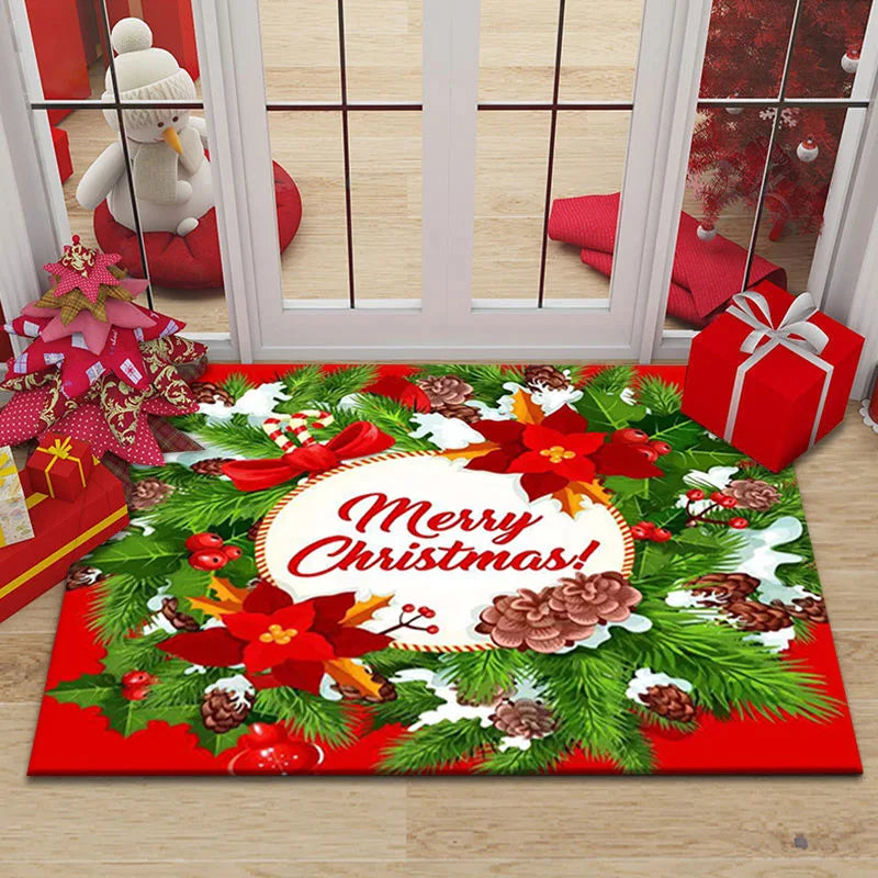 Christmas Decor Carpet - Red Festive Floor Mat, Living Room Holiday Rug, Non-Slip & Easy to Clean, Great Xmas Gift Idea for Fami