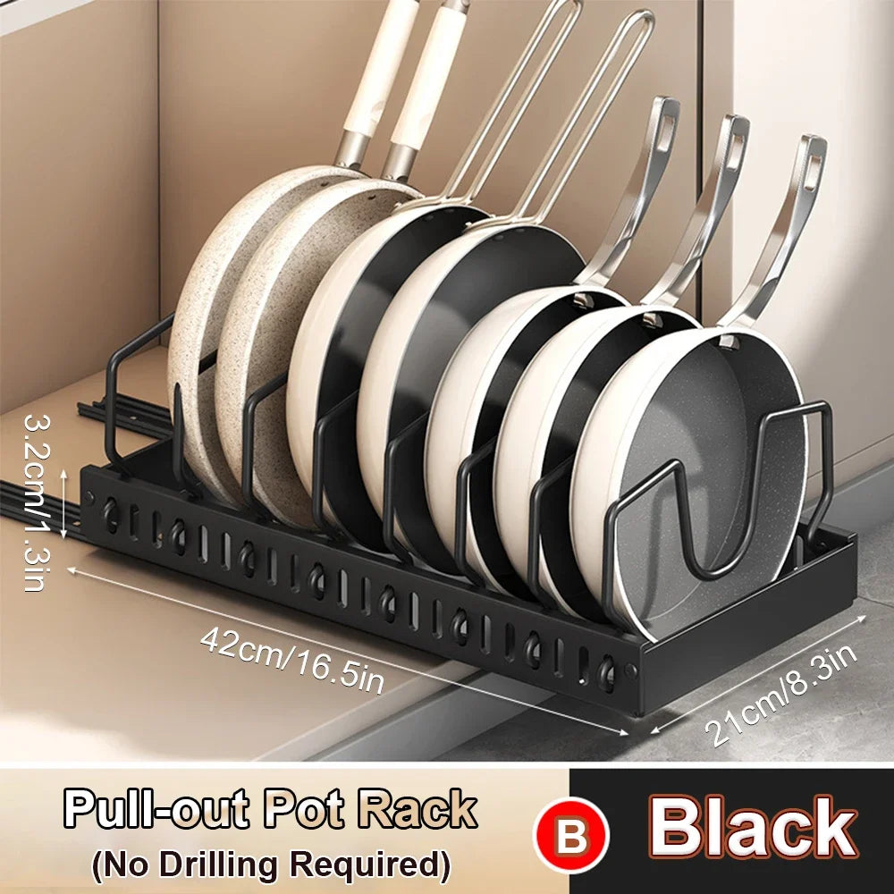 Pull‑out Sliding Kitchen Storage Rack Multifunctional Drawer Organizer for Pan Lids Spices Bowls Plates Cookware Storage