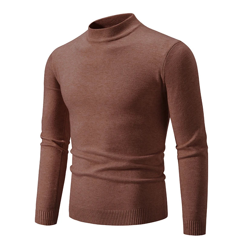 Autumn New Sweater Men's Half High Neck Basic Solid Color Casual Versatile Round Neck Knit with Slim Fit Elastic Sweater Inside