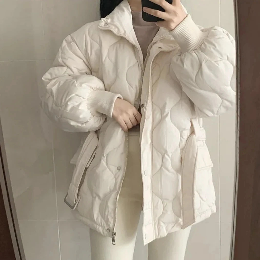 Women Winter Warm Thick Cotton Coat 2025 New Women With Belt Stand Collar Cotton Padded Jacket Korean Loose Women Parka Outwear