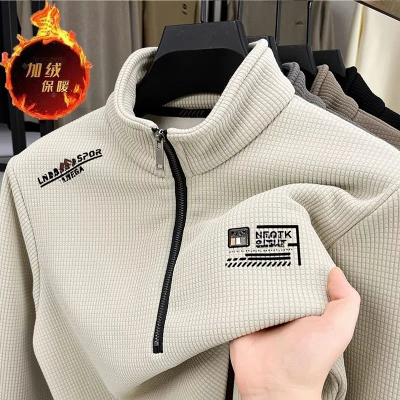 Men's Fleece Liner Sweatshirts Vintage Half Zipper Print Plaid Texture Thick Wool Warm Pullover Luxury Turtleneck Sweatshirts